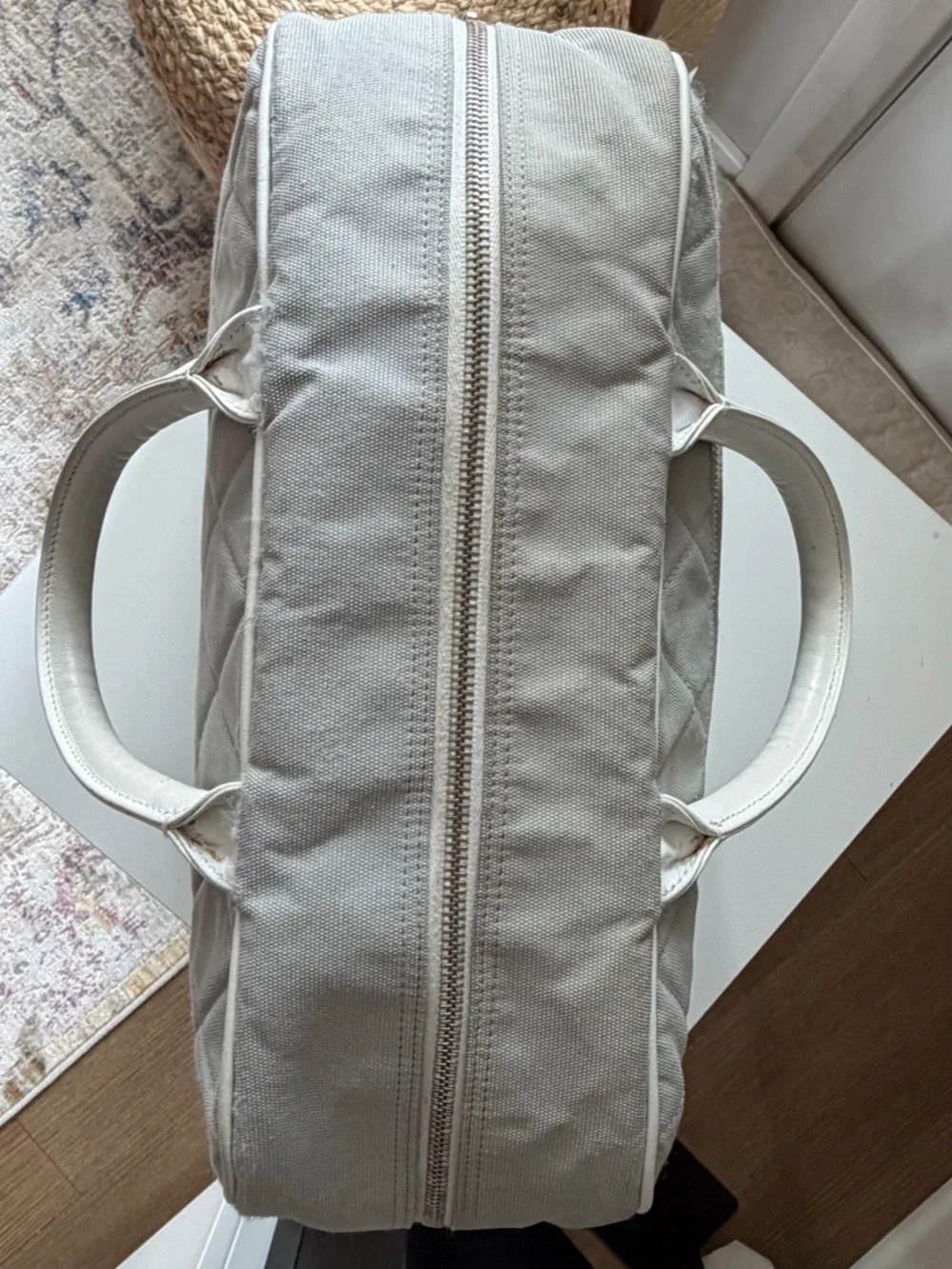 Chanel Sports Line Quilted Logo Bowler Bag Grey Canvas White Leather Trim